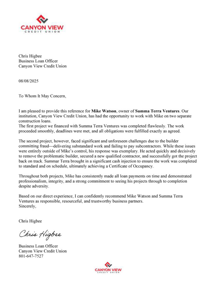 Canyon View Credit Union Letter of Reference